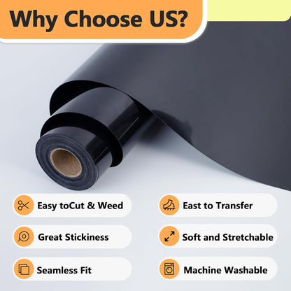 RENLITONG Matte Black Iron on Vinyl Roll - 12Inch x 13ft HTV Heat Transfer Vinyl for T-Shirt, HTV Rolls for All Cutter Machine - Easy to Cut & Weed for Heat Transfer Design