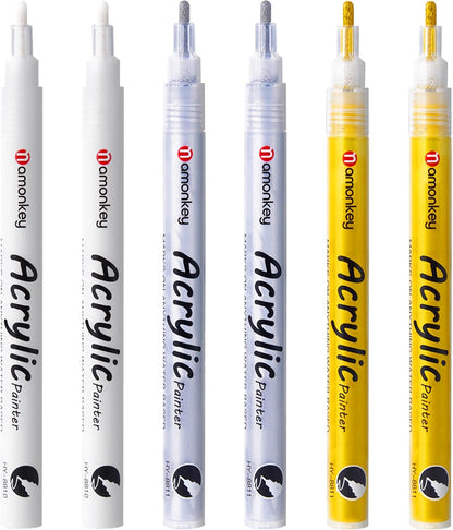 White, Silver & Gold Paint Marker Pens 6 Pack 1.2mm Fine Tip, Permanent Acrylic Ink for Rock, Wood, Metal, Glass, Ceramic, Plastic, Canvas, Pens for DIY Crafts, Art & Fine Detailing