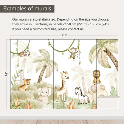 AFZEVEB-Safari Wallpaper Watercolor Animal Nursery Wall murals for Kids Room 114"x74"(Not Peel and Stick)