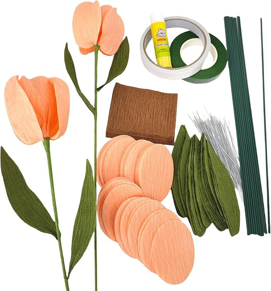 Mybbshower Orange Crepe Paper Tulip DIY Flower Making Kit 12 pcs Easy-to-Make Handcraft Supplies for Beginners & Artisans