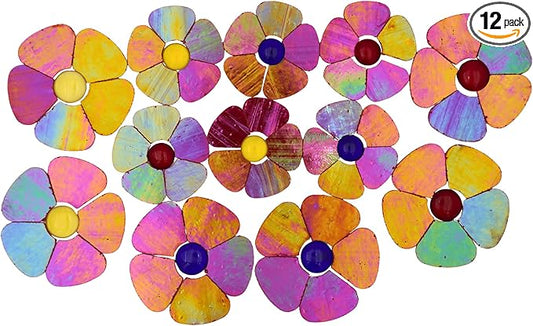 Yuvori Iridescent Flower Mosaic Tiles – 12pcs Mixed Sizes, 5-Petal Iridescent Mica Flowers with Center Beads for DIY Mosaic Art, Fairy Garden, Home Craft, Outdoor Decor (Iridescent Orange Red)