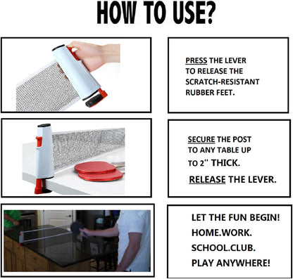 Ping Pong Net Table Tennis - Win SPORTS Paddle Set with Retractable Net,Play Anywhere Ping Pong Net for Any Table,2 Table Tennis Paddle& Rackets,3 Balls,Storage Case,Set with Retractable Table Tennis Net