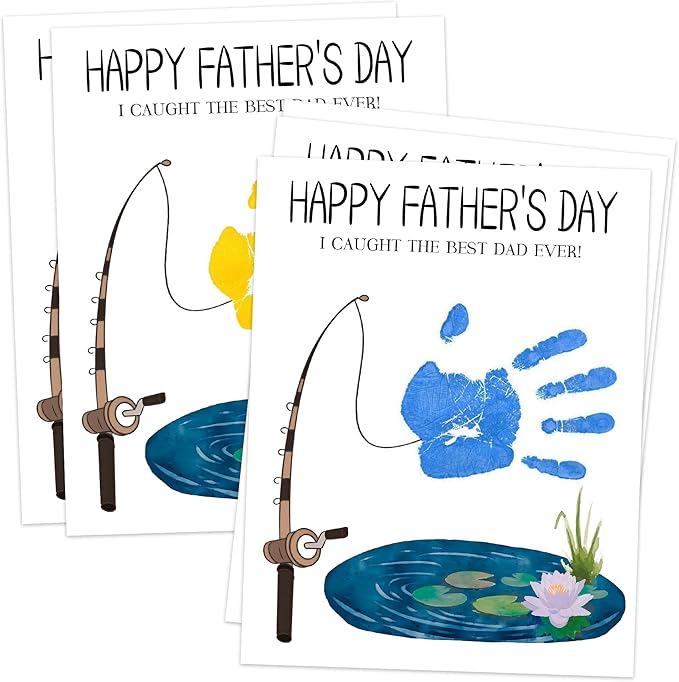 NZSXU I Caught The Best Dad Ever Handprint Craft DIY Kit, 10 Bulk Fathers Day Cards, 8.5x11 DIY Handprint Keepsake Art for Classroom Family Activity, Personalized Gifts for Dad from Daughter & Son