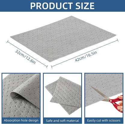 100 PCS Oil Absorbent Pads, 16.5" x 12.6" x 2mm Universal Spill Absorbent Pads Heavy Weight Absorbent Mat Pads for Absorbing Water, Oil, Grease, Coolant, and Other Fluids (Gray)