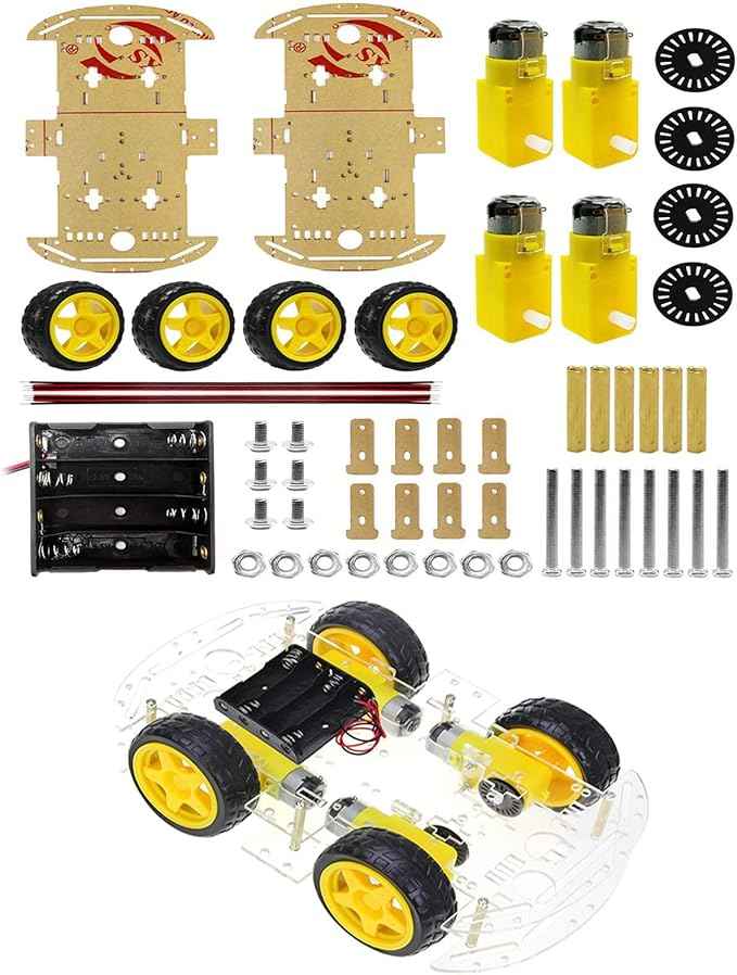 YIKESHU DIY 4WD Smart Robot Chassis Kit, Robot Smart Car with Speed Encoder Battery Box 4 Wheels Robotics Kit for Adults (4WD Robot Car)