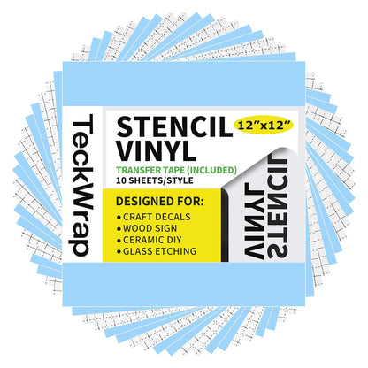 TECKWRAP Blue Stencil Vinyl Adhesive Masking Film with Anti-Bleed Technology & Black Grid Transfer Tape, 12”X12” 10 Sheets/Style, Permanent Adhesive Vinyl, DIY Decals, Signs, Windows, Stickers