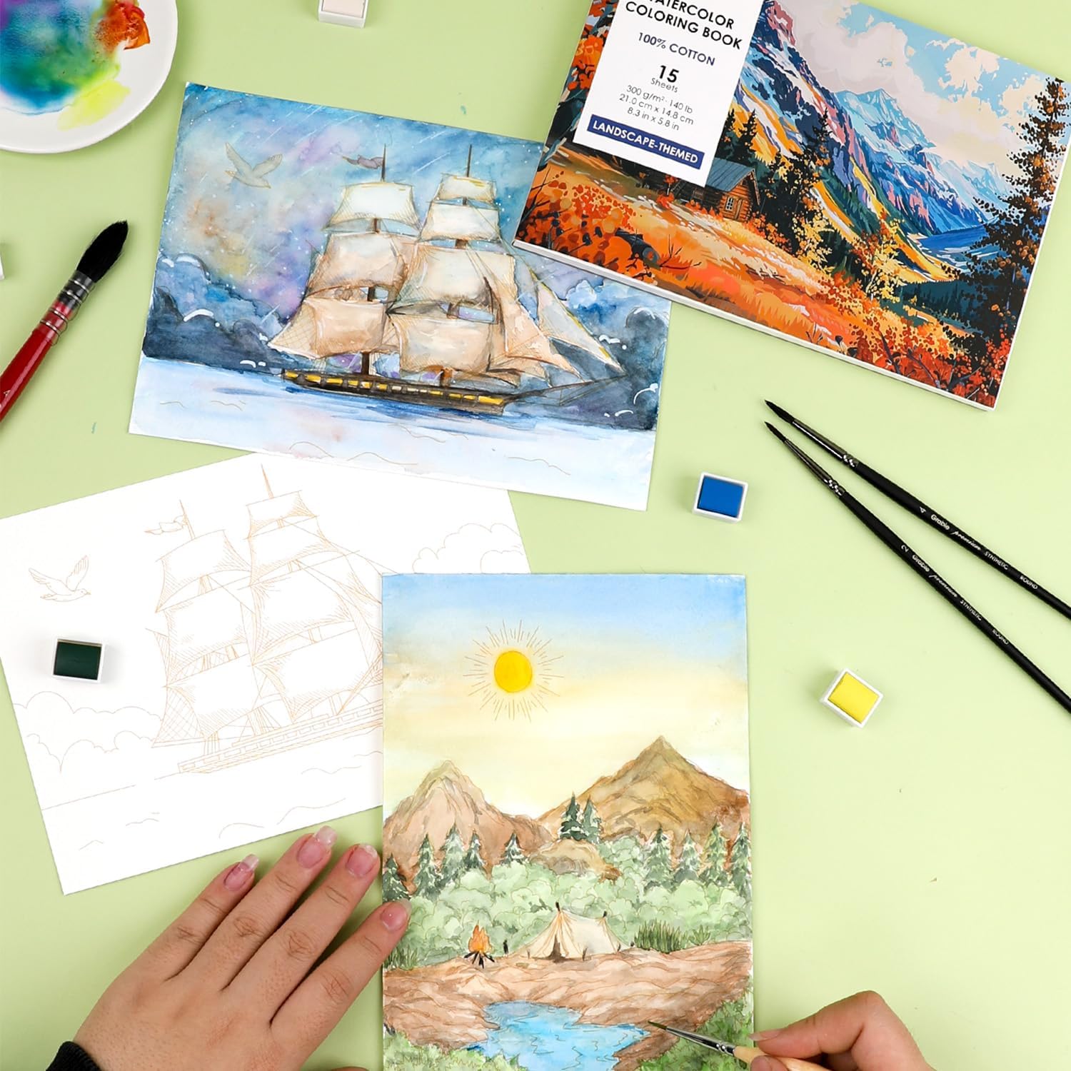 Grabie Watercolor Coloring Book, 15 Sheets A5 (8.3 x 5.8),Watercolor Book for Adults: Ignite Your Artistic Expression on 100% Cotton Paper (Land-Scape) - Crafty Corner