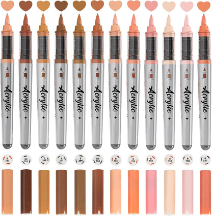 Skin Tone Acrylic Paint Markers, 12 Colors Fabric Marker, Auto-Ink Paint Pens Markers, Brush Tip Marker for Rock Painting, Wood Glass Ceramic Canvas Stone DIY Crafts Making Art Supplies