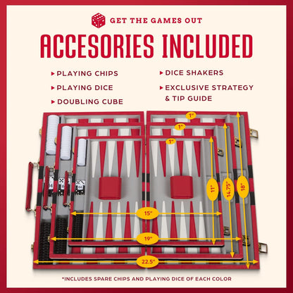 Get The Games Out Top Backgammon Set - Classic Board Game Case - Best Strategy & Tip Guide - Available in Small, Medium and Large Sizes (Red, Medium)