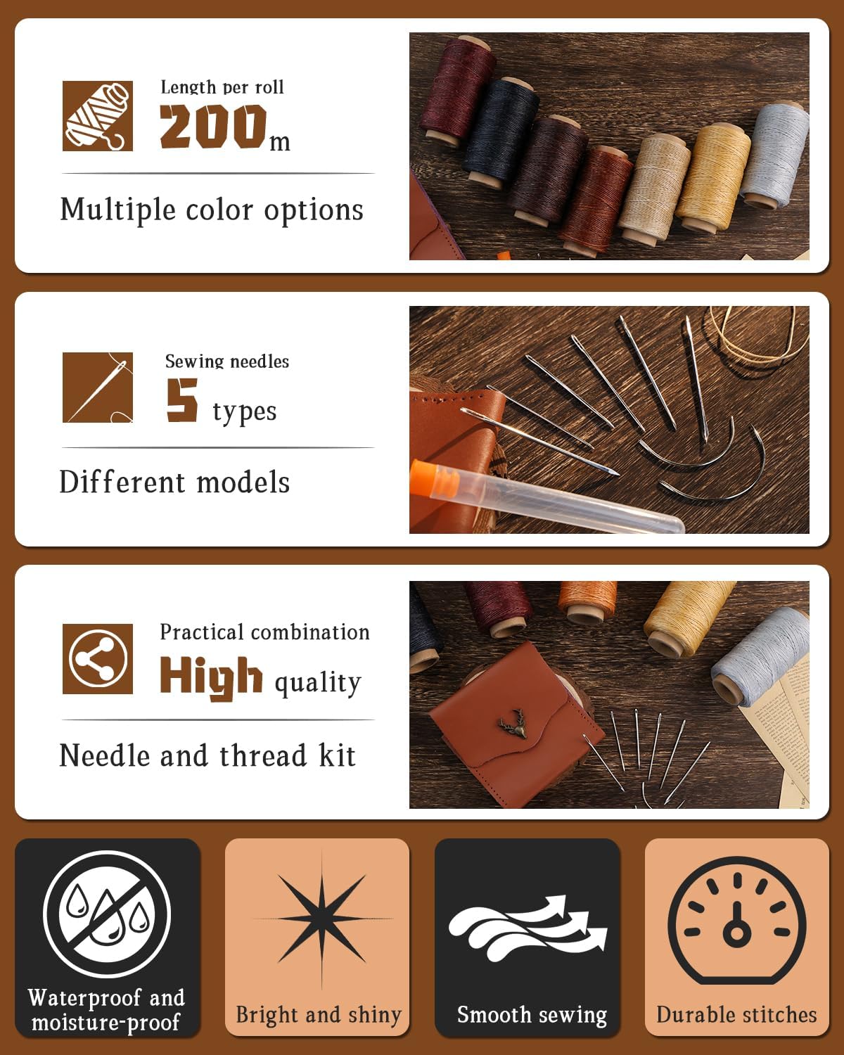 218 Yards Upholstery Thread, Heavy Duty Waxed Thread for Hand Sewing, Sewing Kit with 9 Upholstery Needles for Hand Stitching Bookbinding Repair Canvas