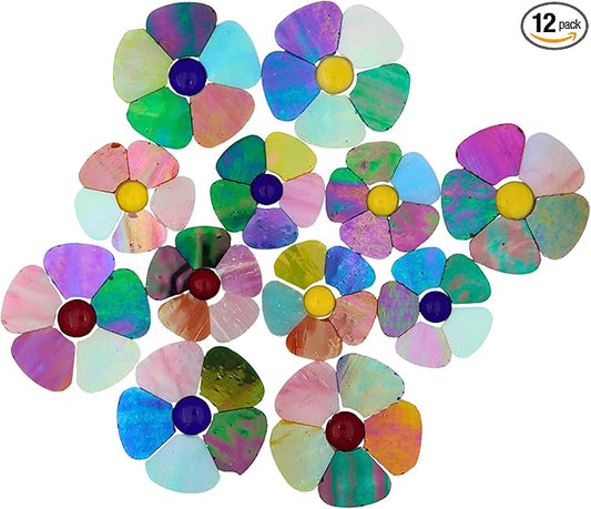 Yuvori Iridescent Flower Mosaic Tiles – 12pcs Mixed Sizes, 5-Petal Iridescent Mica Flowers with Center Beads for DIY Mosaic Art, Fairy Garden, Home Craft, Outdoor Decor (Iridescent Mixed Color)