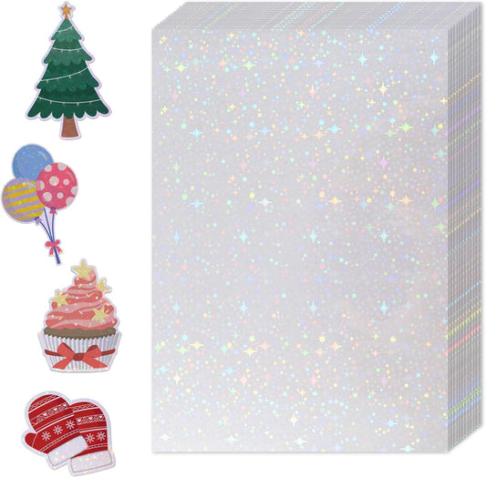 36 Sheets Holographic Sticker Paper,Holographic Laminate Sheets,A4 Size Clear Vinyl Sticker Sheets Self-Adhesive Rainbow Overlay Sheets,11.7 x 8.3 Inches（Star）