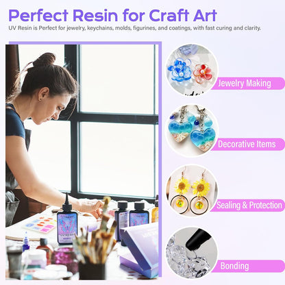 UV Resin kit with Molds and Casting Tools -Super Clear, Hard, Low Odor, Premixed and Fast Curing for Jewelry Making, Earring DIY, Craft Decoration, Coating -100g