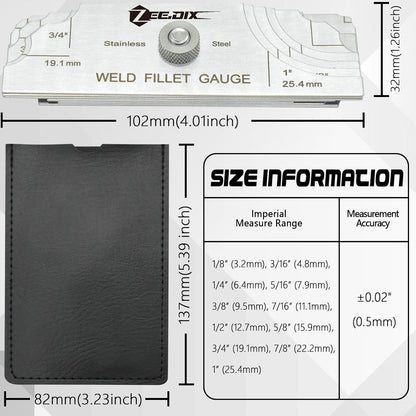 ZeeDix Metal Fillet Weld Gauge Set, Stainless Steel Welding Inspection Gauge Tool(1/8" - 1") Ulnar Metric & Inch