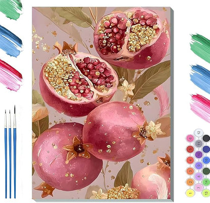 Paint by Numbers Kit for Adults Framed, Pink Pomegranates with Gold Accents, DIY Oil Painting, Pre-Printed Canvas Wall Art Home Decor Gift, 20x24inch Framed, 24 Colors