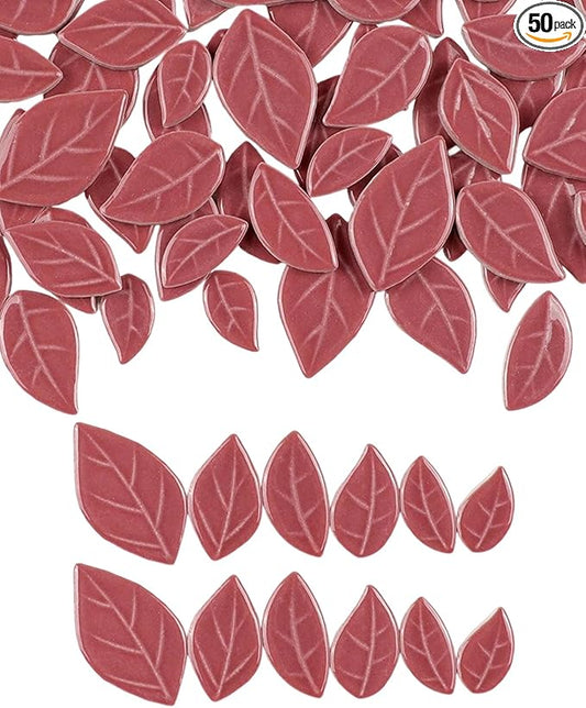 200g Mixed Sizes Leaves Mosaic Tiles for Craft Bulk, Small Ceramic DIY Stepping Stone Kit, Glazed Porcelain Tiles for Coasters Lamp Bathroom Decorations (Burgundy)