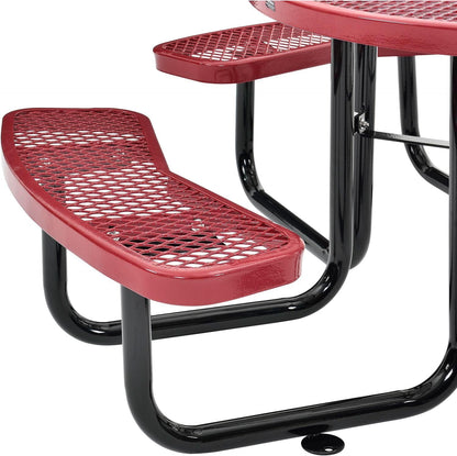 Global Industrial 46" Round Picnic Table, Expanded Metal, Red Thermoplastic Coating, Attached Benches, 1-1/2” Umbrella Pole Hole, Outdoor-Rated, 1000 lb Capacity