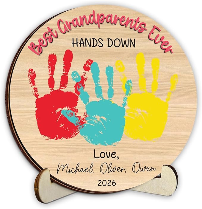 Personalized Hands Down Best Grandma Ever Handprint Kit with Non-Toxic Paint, Family Craft Wooden Sign, Fathers Day Handprint Plaque Keepsake, Valentines Day Birthday Gift for Mom, Dad, Grandma, Nana