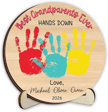 Personalized Hands Down Best Grandma Ever Handprint Kit with Non-Toxic Paint, Family Craft Wooden Sign, Fathers Day Handprint Plaque Keepsake, Valentines Day Birthday Gift for Mom, Dad, Grandma, Nana