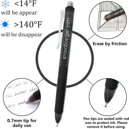 Vanstek 18 Black Retractable Erasable Gel Pens Clicker, Fine Point(0.7), Make Mistakes Disappear, Premium Comfort Grip, Black Ink for Planners, Note Taking and Crossword Puzzles
