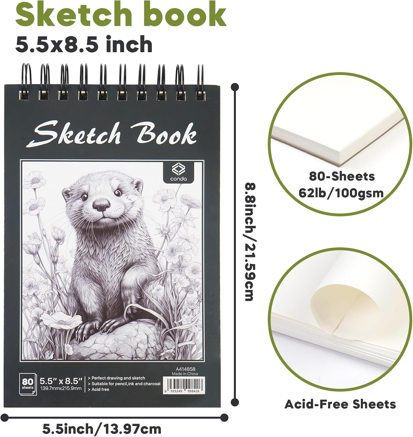 CONDA 5.5 x 8.5 Sketchbook Book - Top Spiral Bound Pad, 2 Packs of 100-Sheets (68lb/100gsm) Acid Free Artistic Paper for Drawing, Painting, Writing - Ideal for Beginners Artists - Crafty Corner
