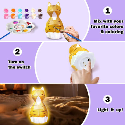 FUNZBO 2pcs Paint Your Own Cat Lamp - Halloweens Arts and Crafts Supplies Kitten Painting Kits for Kids Teens, DIY Night Light Toy for Toddlers Girls Boys Ages 3 4 5 6 7 8 9 10 11 12 13 Birthday Gifts