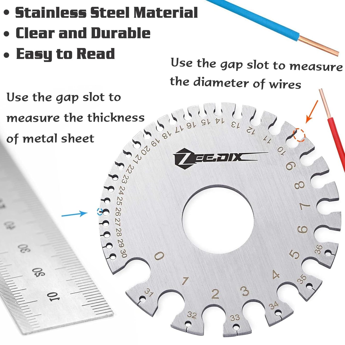 ZeeDix Standard Dual-Sided Round Wire Cable Sheet Gage- Stainless Steel Metal Wire Gage Measurement Tool Wire Measuring Ruler Diameter Tool