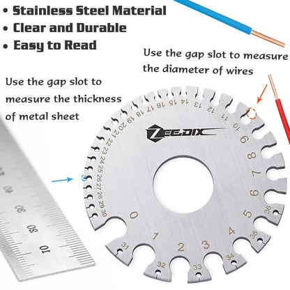 ZeeDix Standard Dual-Sided Round Wire Cable Sheet Gage- Stainless Steel Metal Wire Gage Measurement Tool Wire Measuring Ruler Diameter Tool