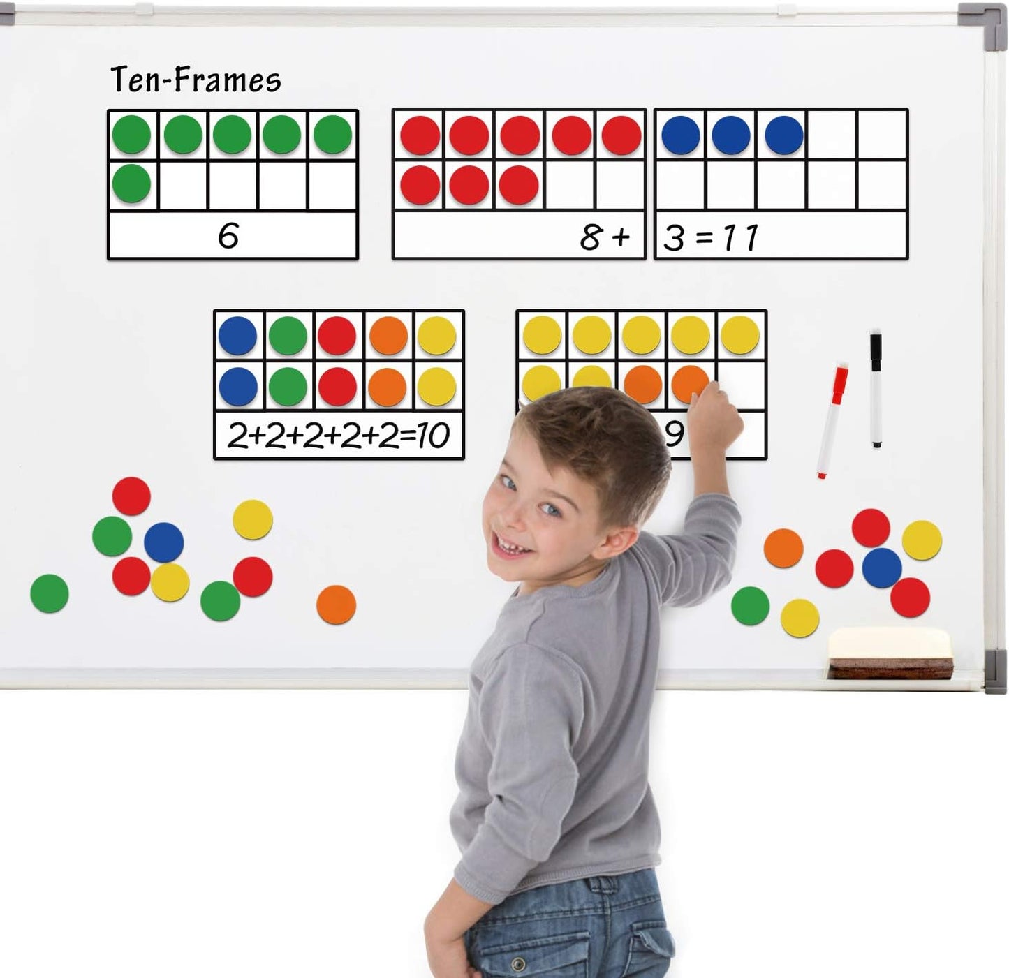 Torlam Magnetic Ten-Frame Set - Math Manipulative for Elementary - 5 Ten Frames & 55 Magnetic Counters for Kids, Kindergarten Math Games (Upgraded Version for Hand-held & 2 Black Pens)