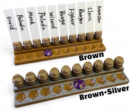 Initiative Tracker with 10 Barrel Slots, Erasable Name Tags, and Dice for Tracking Order. Ideal for DND and Other TTRPGs Brown with Silver