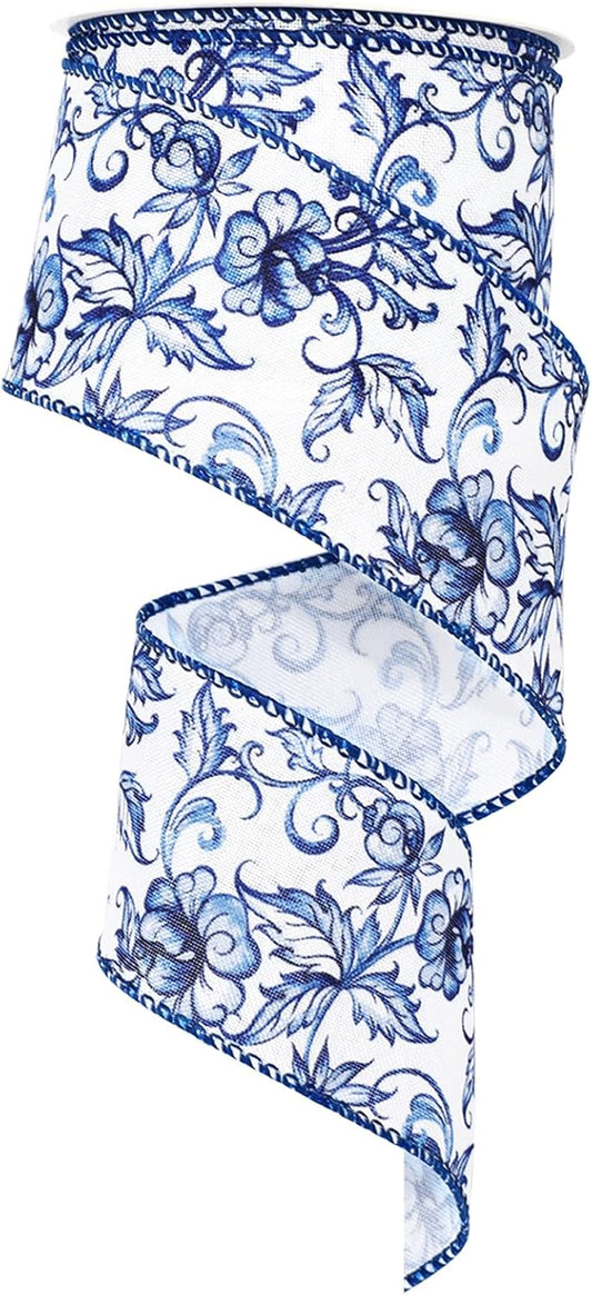 Blue White Floral Wired Edge Ribbon Roll Vintage Watercolor Flower Craft Ribbon Chinoiserie Fabric Ribbon for Wreath Bow Making DIY Craft Wrapping Party Supplies, 12 Yard - Crafty Corner