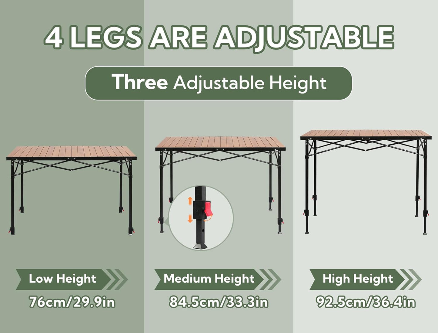Portable Outdoor Adjustable Height Camping Table, Large for 2-6 Person, Foldable Roll-up Aluminum Camp Table with Carry Bag for Picnic, Camp, Sturdy, Stable, Loads 220 Lbs