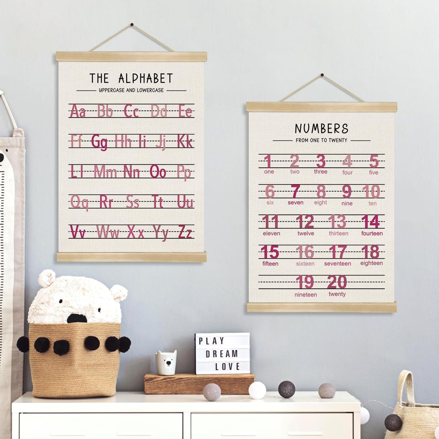 Alphabet and Numbers Wall Chart Set of 2 ,Kids Educational Posters,ABC and 1-20 Number Learning Banners for Toddlers, Preschool Classroom, Homeschool, Nursery, Playroom Decor 14 x 18.5 Inch(Pink)