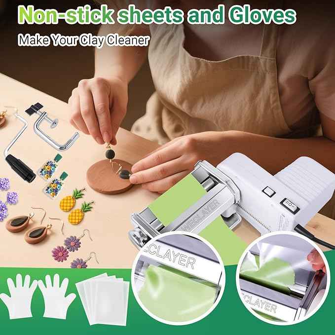 WECLAYER Electric Polymer Clay Press Machine Set,Dual Mode Clay Roller Machine,Clay Pasta Machine with 7 Thickness,Includes 100Pcs Non-Stick Sheets,Gloves,Polymer Clay Tools for Clay Earring Making