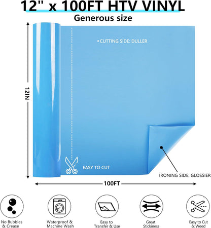 Guangyintong Sky Blue HTV Heat Transfer Vinyl Rolls, 12" X 100ft Iron on Vinyl PVC Adhesive for T-Shirt, Easy to Cut & Weed for DIY Design