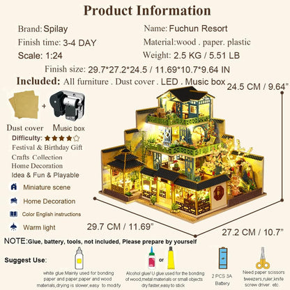 Spilay Dollhouse DIY Miniature Wooden Furniture Kit,Mini Handmade Big Castle Model with Dust Cover & Music Box,with dust Cover 1:24 Scale Creative Doll House for Adult Gift