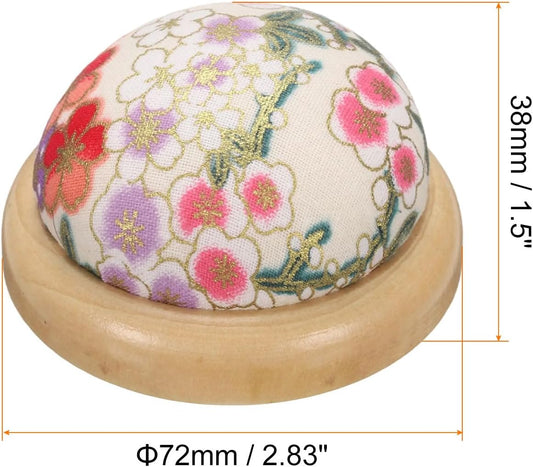 HARFINGTON Pin Cushion Wooden Base Japanese Style Round Pincushion Needle Holder for Sewing Quilting Needlework DIY Crafts, White Floral Style