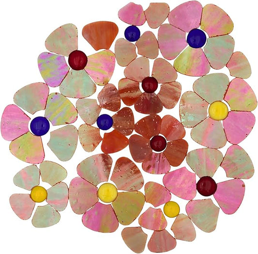 Yuvori Iridescent Flower Mosaic Tiles – 12pcs Mixed Sizes, 5-Petal Iridescent Mica Flowers with Center Beads for DIY Mosaic Art, Fairy Garden, Home Craft, Outdoor Decor (Iridescent Red)
