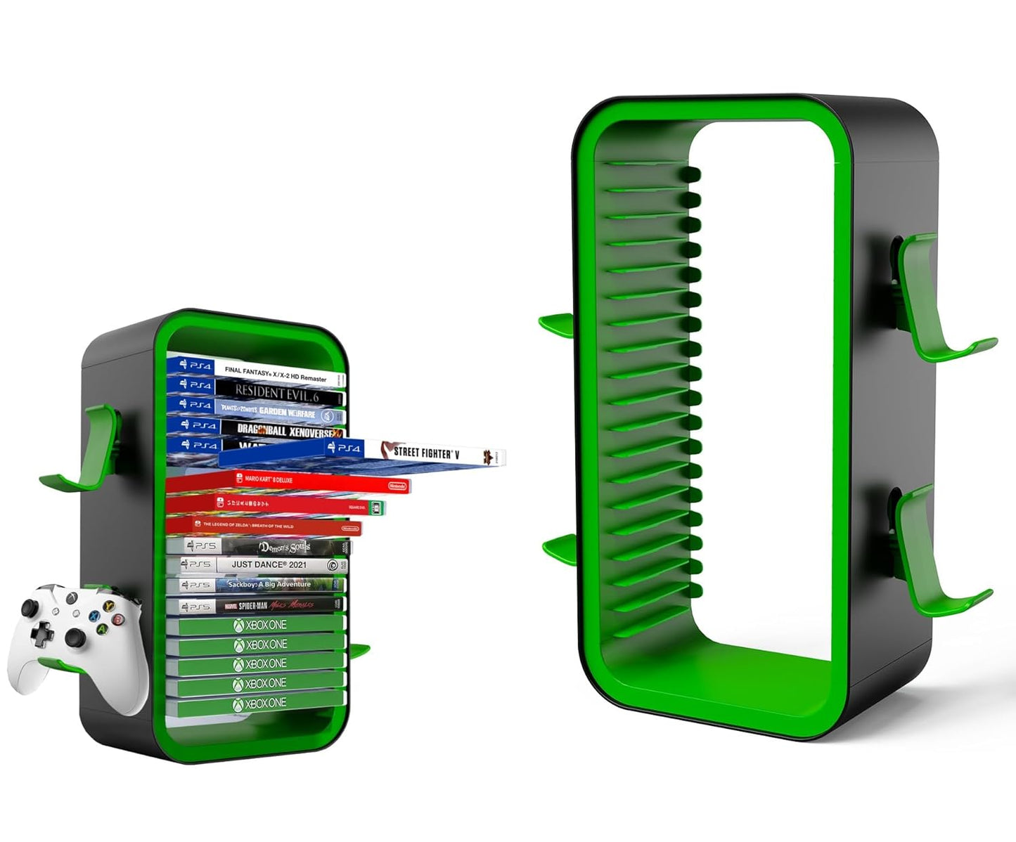 wigmoa OYO-1【15.8INCH】 game Storage Tower Compatible with PS5/ Xbox Series S & X/Switch, Universal Video Games Discs Organizers 18 PCS with 4 Controllers Holder, Game Disk Box Stand. (Black/Green)