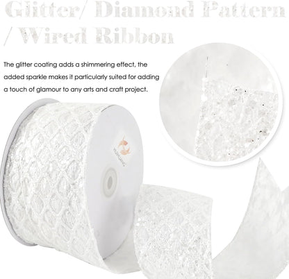 HUIHUANG White Glitter Wired Ribbon for Christmas Tree 2.5 inch White Diamond Mesh Wire Ribbon for Tree Decoration, Wreaths, Garland, Gift Wrapping, Large Bows Making, Home Decor -10 Yards - Crafty Corner