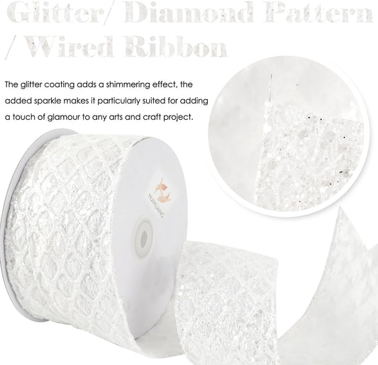 HUIHUANG White Glitter Wired Ribbon for Christmas Tree 2.5 inch White Diamond Mesh Wire Ribbon for Tree Decoration, Wreaths, Garland, Gift Wrapping, Large Bows Making, Home Decor -10 Yards - Crafty Corner