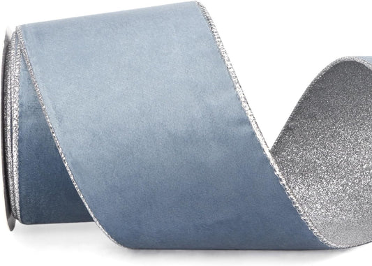 Ribbli Dusty Blue Velvet Wired Ribbon 4 Inch Dusty Blue Velvet with Silver Glitter Christmas Ribbon for Christmas Tree Decoration Big Bow Gift Wrapping Crafts Wreaths Supplies- 10 Yards - Crafty Corner