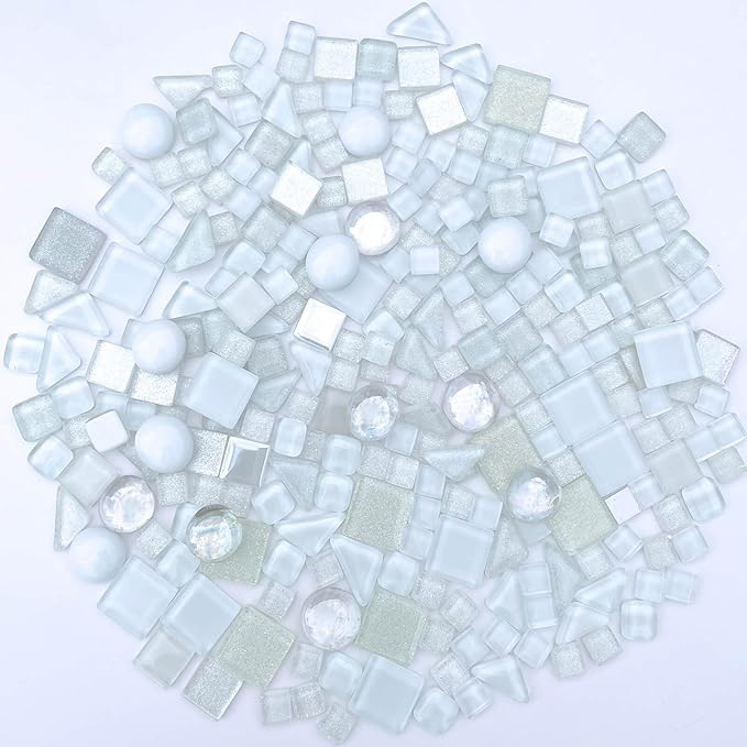 LITMIND 1.1 LB White Irregular Glass Mosaic Tiles with Backing, Assorted Mosaic Shapes for Creative Crafts – Ideal for Adult Mosaic Kits, Puzzles, and Artwork Projects