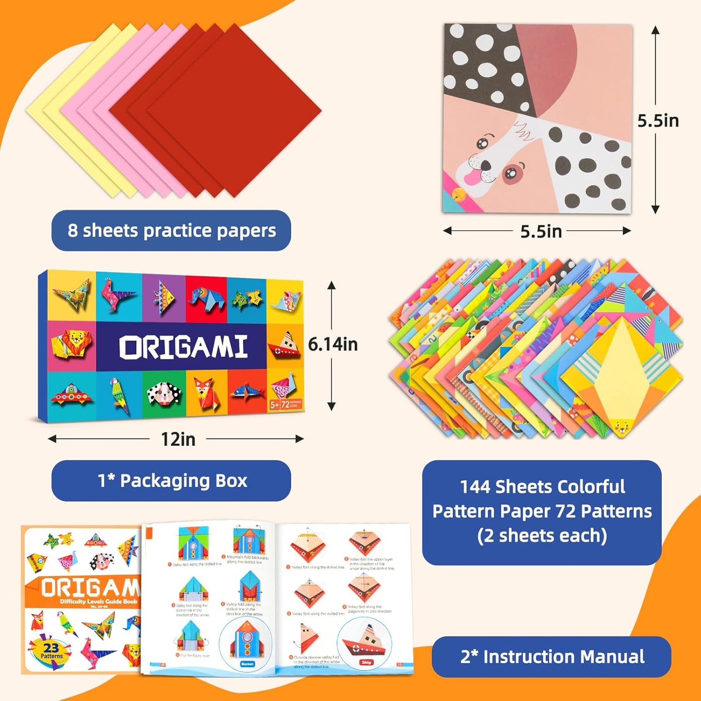 Origami Paper Kit for Kids Ages 5-8 8-12,152 Sheets Origami Paper - 72 Double Sided Patterns with Instructional Book,DIY Art Craft Projects,Travel Game Activity,Gift for Boys Girls Beginners - Crafty Corner