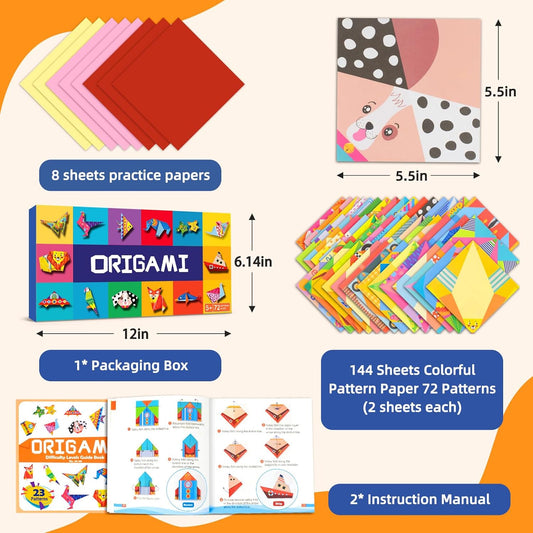 Origami Paper Kit for Kids Ages 5-8 8-12,152 Sheets Origami Paper - 72 Double Sided Patterns with Instructional Book,DIY Art Craft Projects,Travel Game Activity,Gift for Boys Girls Beginners - Crafty Corner