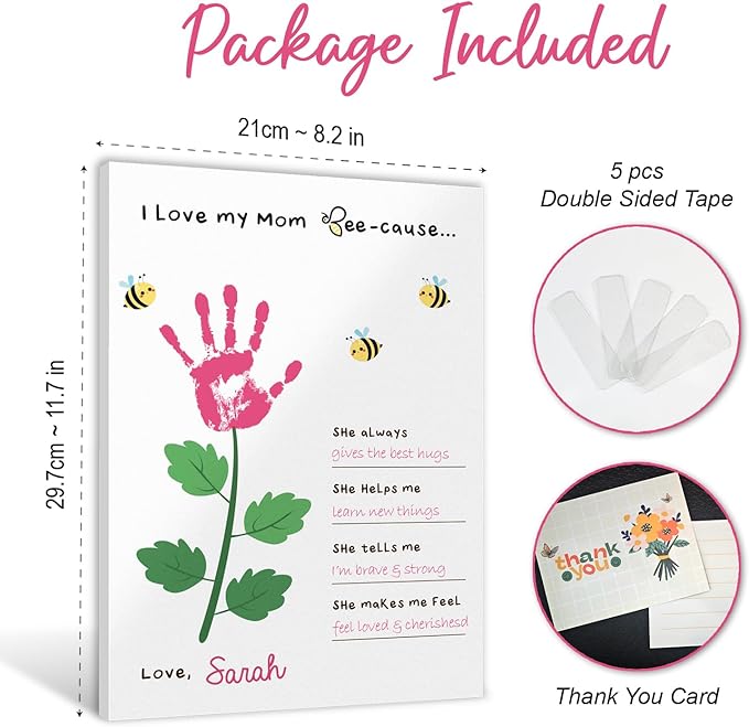 Mother's Day Handprint Craft - I Love My Mom Beecause Poster - DIY Mother's Day Gifts for Mom, Grandma, Daughter - Happy Mothers Day Gifts - DIY Poster for Wall Decor, Handprint Footprint Crafts