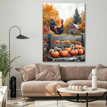 Paint by Numbers Kit for Adults Framed, Autumn Rooster with Pumpkins Farmhouse Scene, DIY Oil Painting, Pre-Printed Canvas Wall Art Home Decor Gift, 20x24inch Framed, 24 Colors