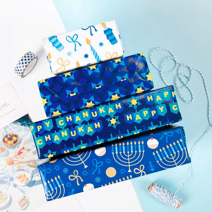 WRAPAHOLIC 30 Inch Hanukkah Wrapping Paper Roll - Jumbo Roll Menorahs, the Star of David, Candles Design for Chanukah Celebration - 4 Rolls - 30 Inch x 120 Inch Per Roll