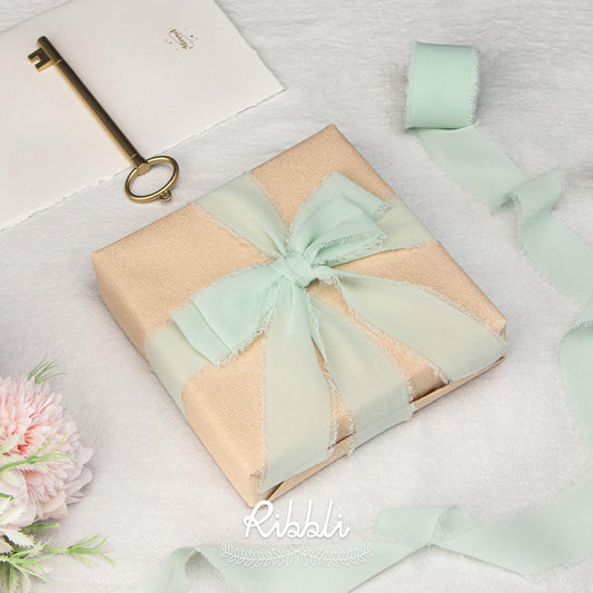 Ribbli Mint Green Chiffon Ribbon 1-1/2 inch x 20 Yard Handmade Fringe Chiffon Silk Ribbon, Mint for Wedding Invitations, Bridal Bouquets Wrapping, Flower Arrangement Decoration - Crafty Corner