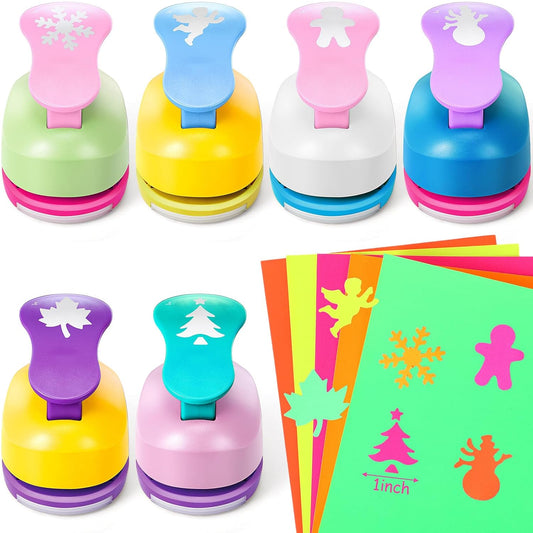 CHENGU 16 Pcs Craft Holes Punch Paper Punchers Scrapbook Punches with Craft Sticker Paper, Round, Star, Square, Heart, Flower, Wave Circle Shape (1 Inch,Christmas) - Crafty Corner